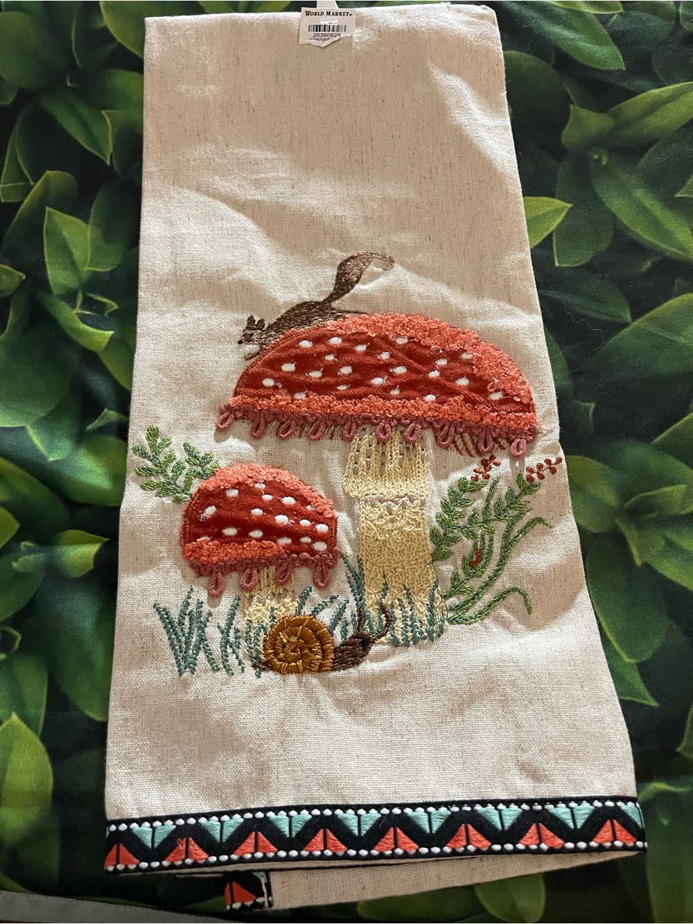 WORLD MARKET EXCLUSIVE Oatmeal Embroidered Critters Kitchen Towel, Rust Mushroom - Picture 4 of 8